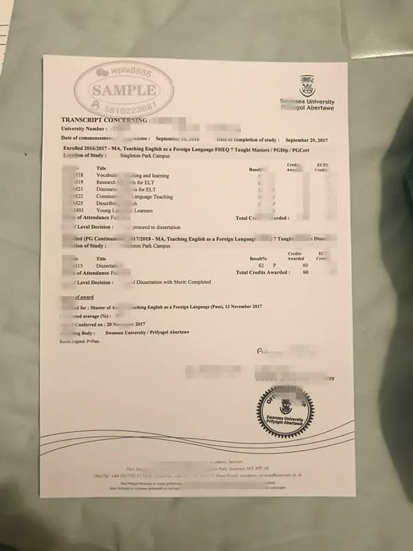 英国斯旺西大学TESOL硕士成绩单样本及学历认证指南 英国斯旺西大学TESOL硕士成绩单样本及学历认证指南