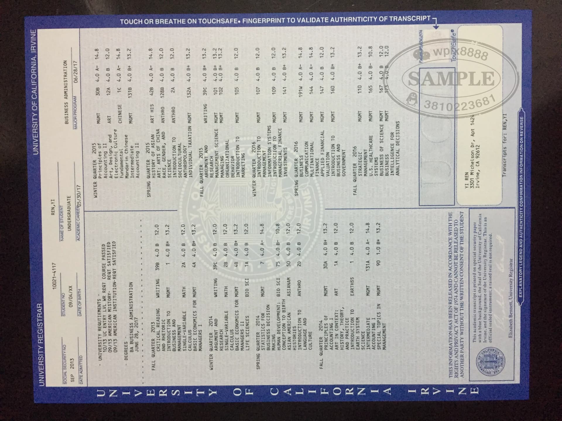 美国加州大学欧文分校UCI工商管理专业官方成绩单样本 美国加州大学欧文分校UCI工商管理专业官方成绩单样本