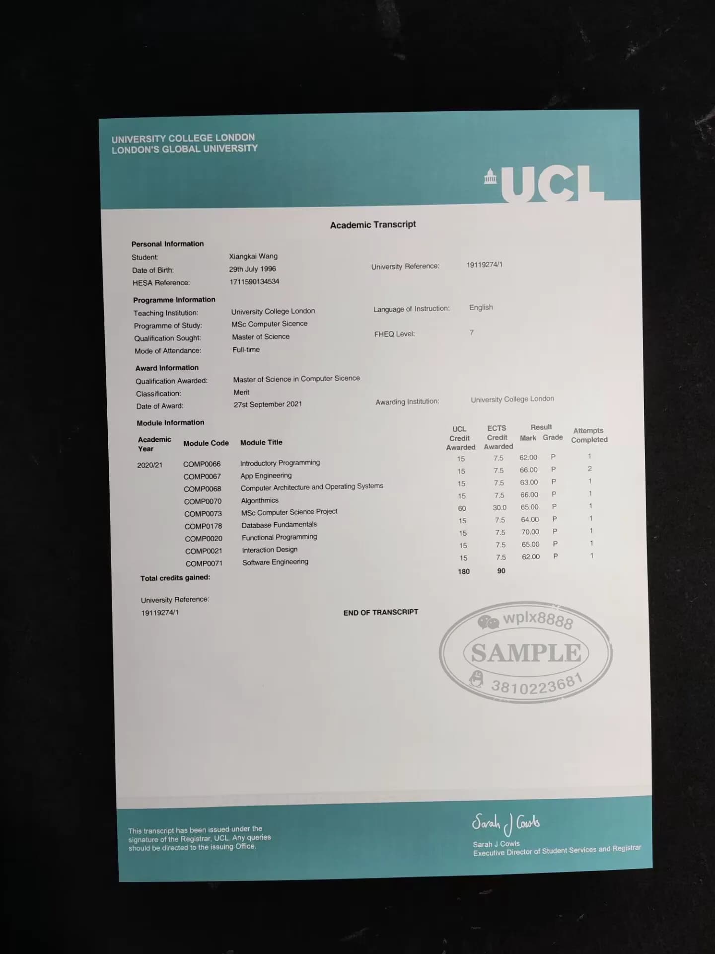 英国伦敦大学学院UCL计算机科学硕士成绩单样本 英国伦敦大学学院UCL计算机科学硕士成绩单样本