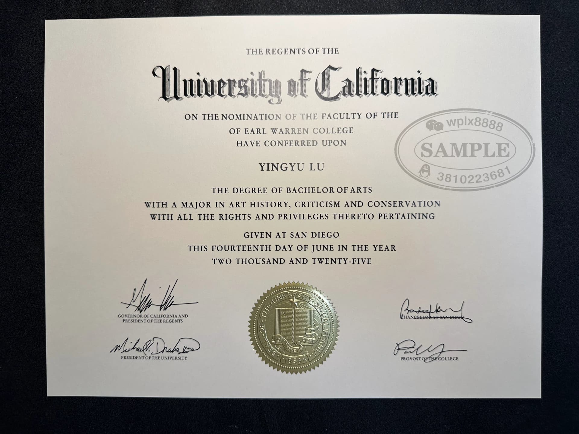 美国加州大学圣地亚哥分校UCSD学位证书样本艺术史专业 美国加州大学圣地亚哥分校UCSD学位证书样本艺术史专业