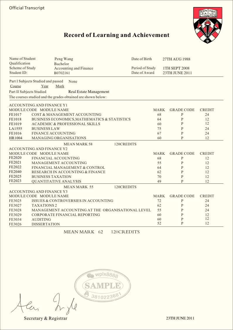 英国东伦敦大学会计与金融学士成绩单原件样本 英国东伦敦大学会计与金融学士成绩单原件样本