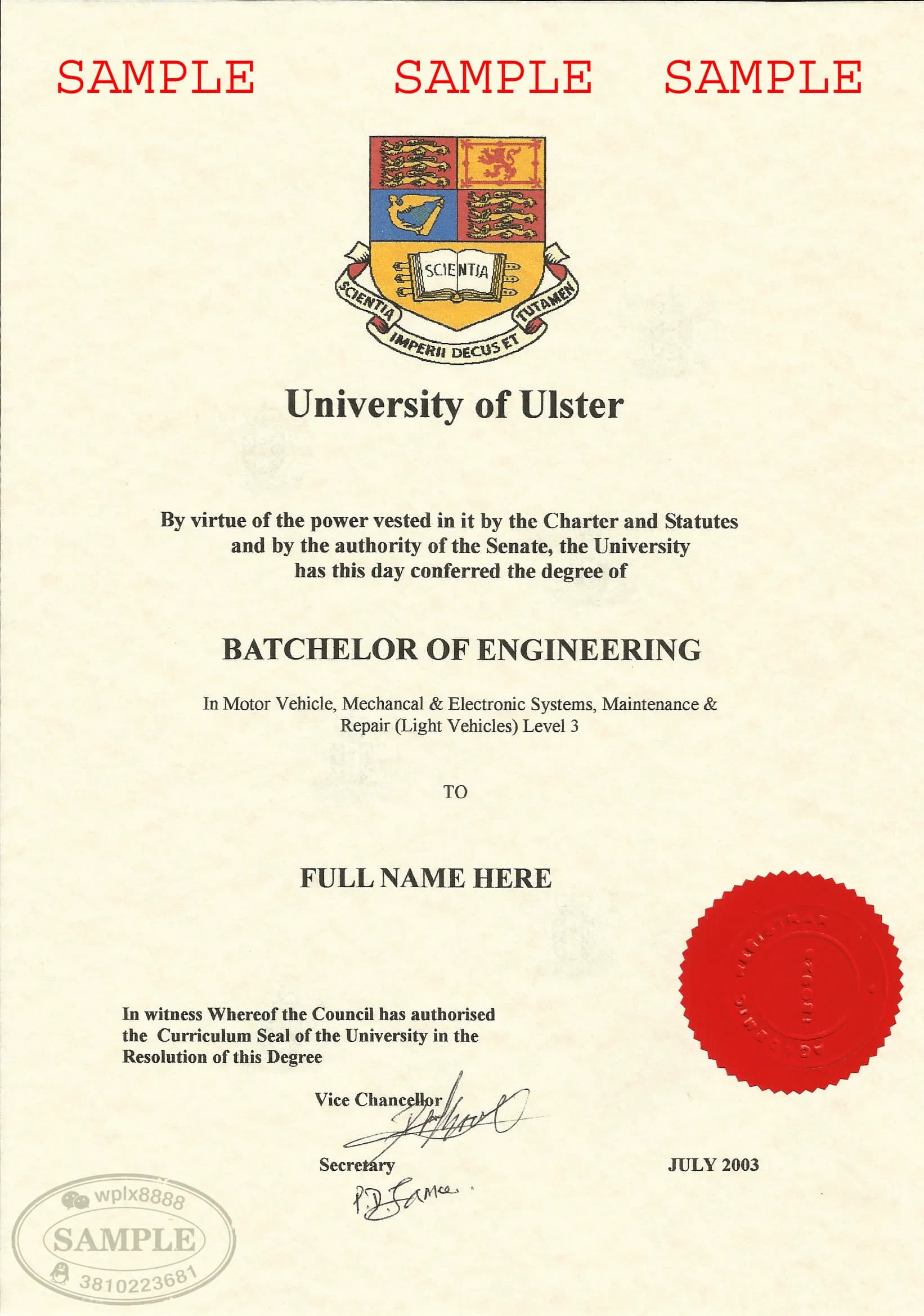 英国阿尔斯特大学本科工程学学位证样本 英国阿尔斯特大学本科工程学学位证样本