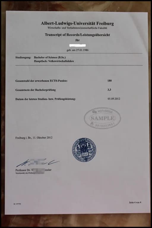 德国弗赖堡大学经济学理学学士成绩单样板 德国弗赖堡大学经济学理学学士成绩单样板