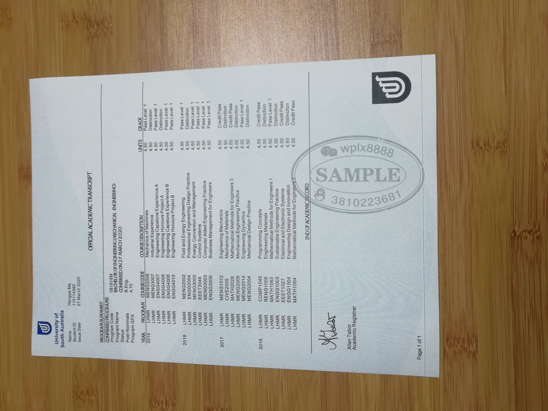 澳洲南澳大学UniSA成绩单样本及学历认证办理参考 澳洲南澳大学UniSA成绩单样本及学历认证办理参考