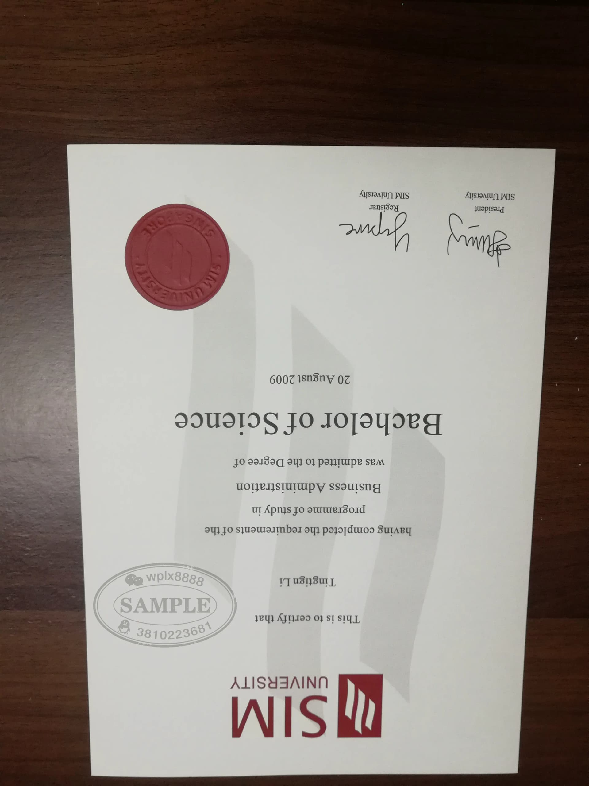 新加坡管理学院SIM大学工商管理理学士学位证书样本 新加坡管理学院SIM大学工商管理理学士学位证书样本