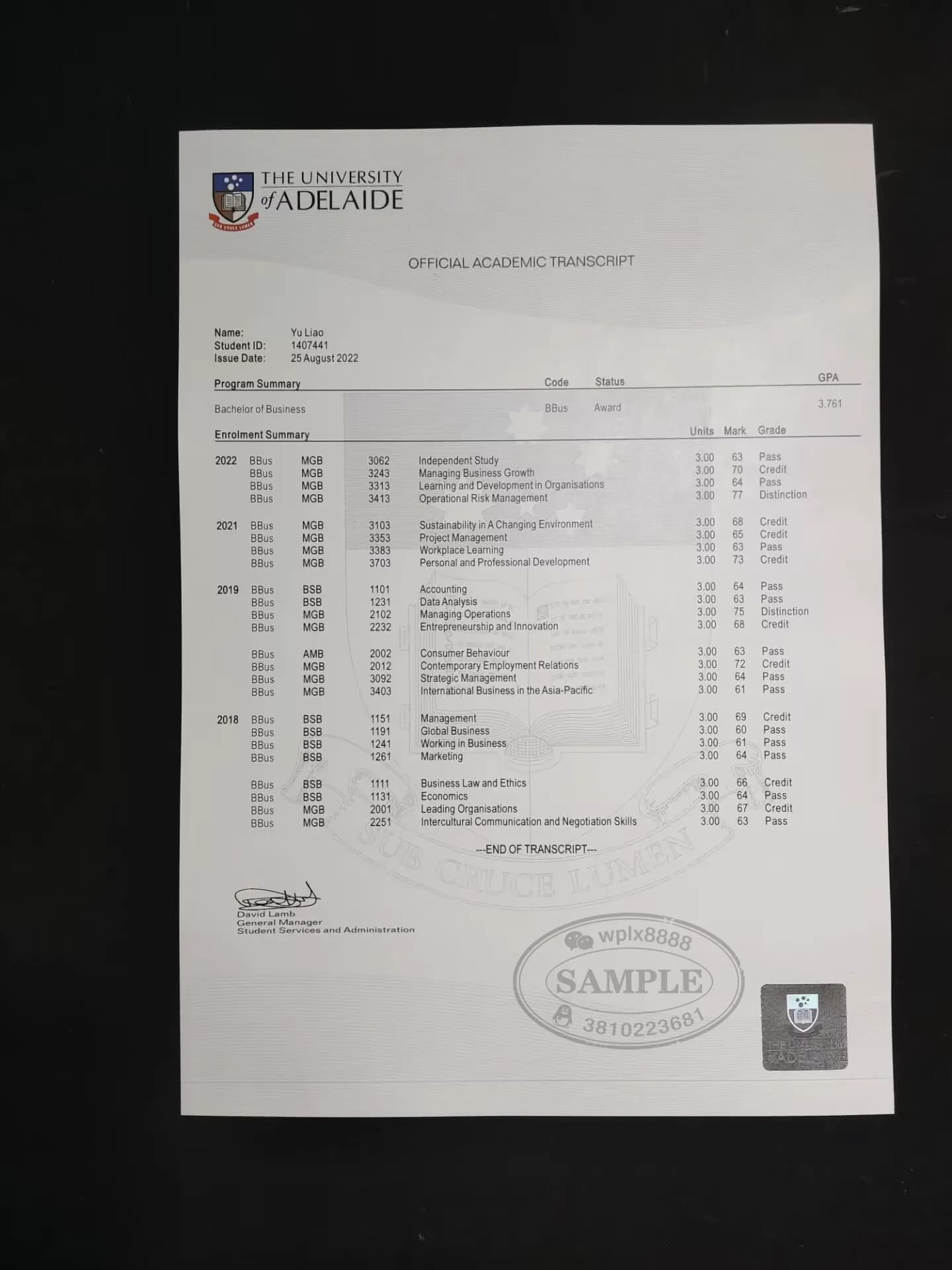 澳洲阿德莱德大学官方成绩单样本与学术背景说明 澳洲阿德莱德大学官方成绩单样本与学术背景说明
