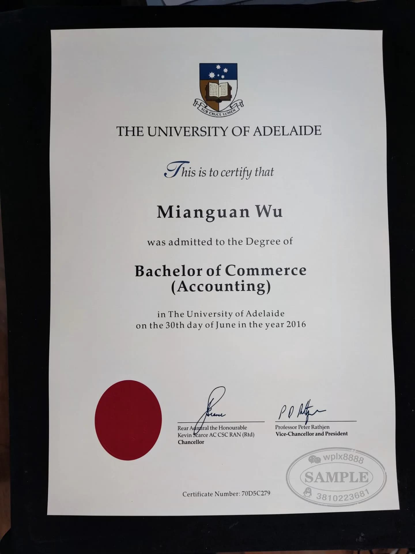 澳洲阿德莱德大学会计学士学位证书样本 澳洲阿德莱德大学会计学士学位证书样本