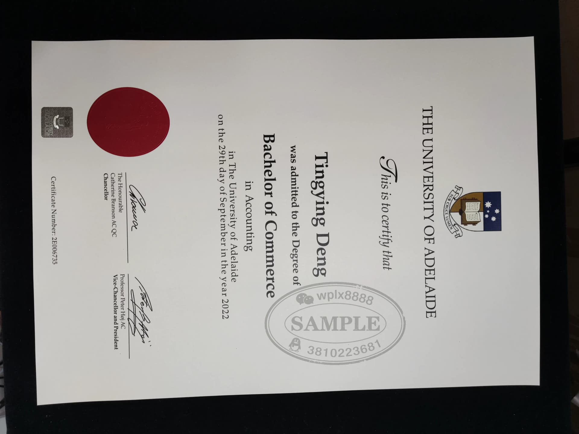 澳大利亚阿德莱德大学会计学学士学位证书样本 澳大利亚阿德莱德大学会计学学士学位证书样本