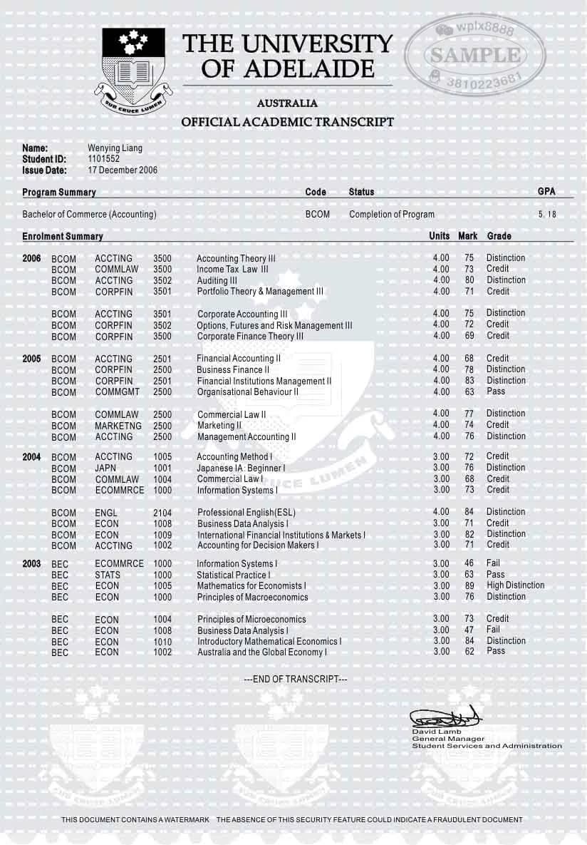 澳洲阿德莱德大学会计学专业官方成绩单样本 澳洲阿德莱德大学会计学专业官方成绩单样本
