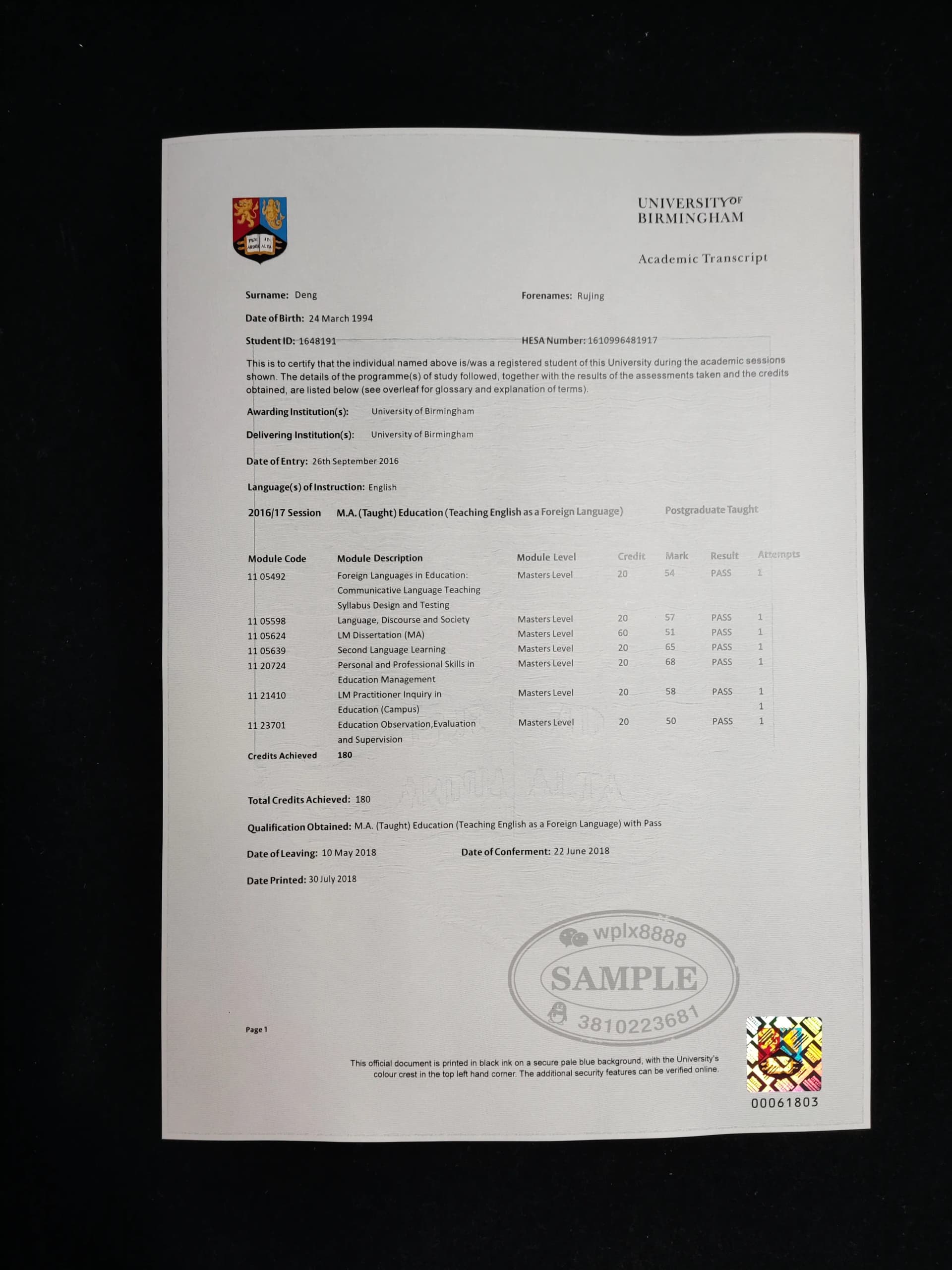 英国伯明翰大学成绩单样板及教育专业学历认证指南 英国伯明翰大学成绩单样板及教育专业学历认证指南