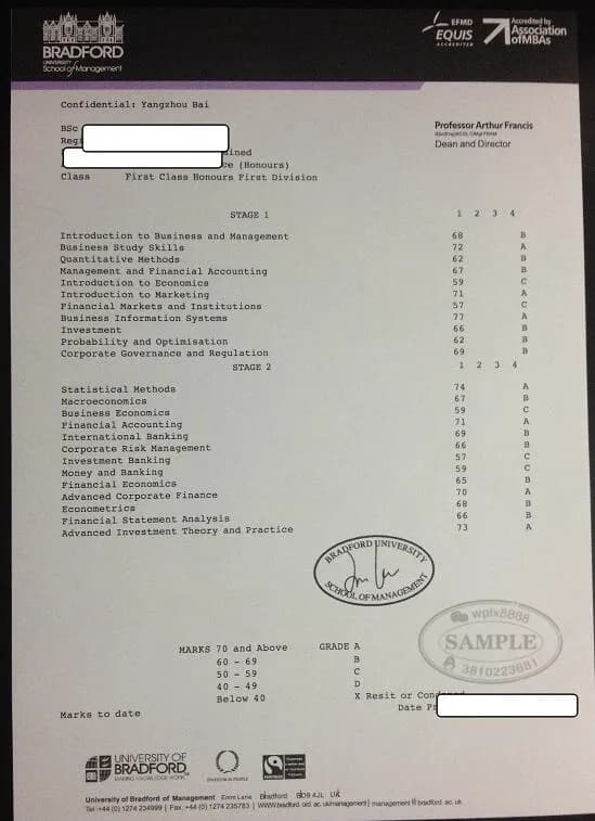 英国布拉德福德大学管理学院成绩单样本办理参考 英国布拉德福德大学管理学院成绩单样本办理参考