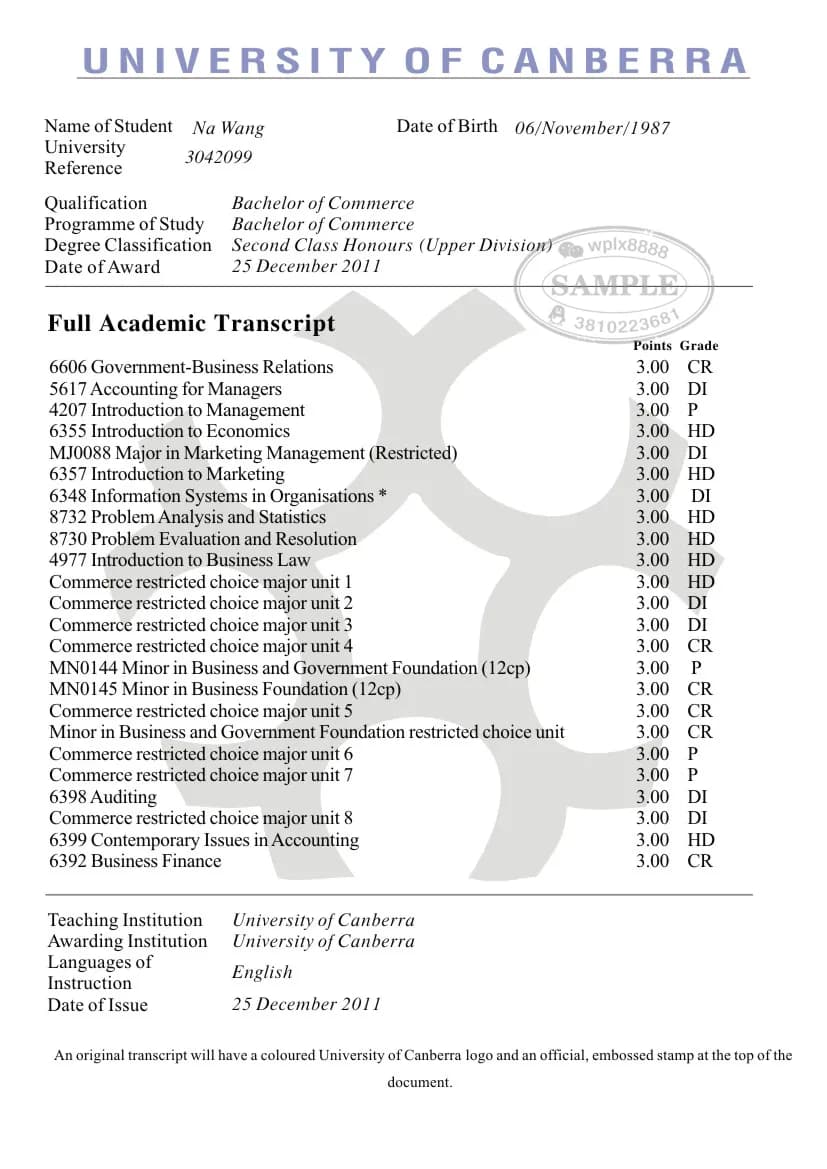 澳洲堪培拉大学商科学士学位成绩单参考样本 澳洲堪培拉大学商科学士学位成绩单参考样本