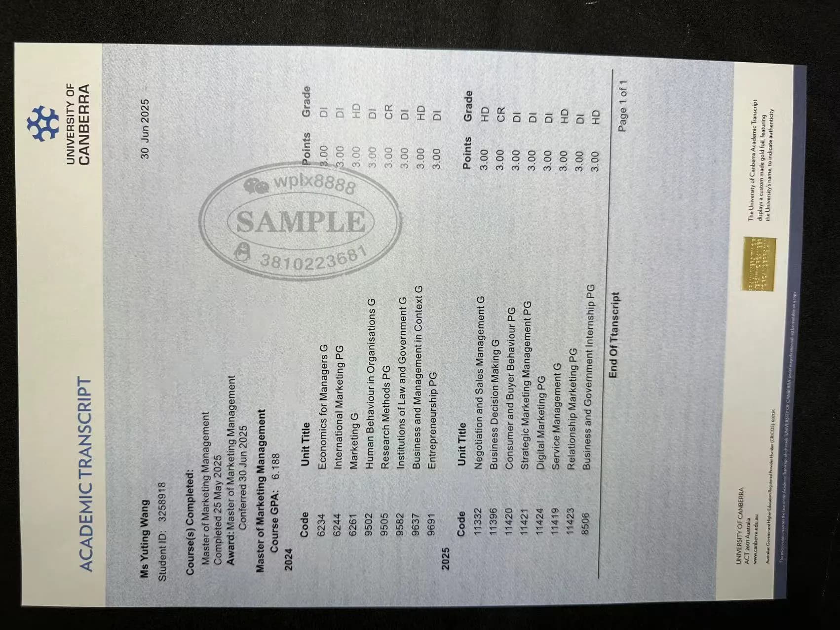 澳洲堪培拉大学硕士成绩单模板与市场营销专业学分参考 澳洲堪培拉大学硕士成绩单模板与市场营销专业学分参考