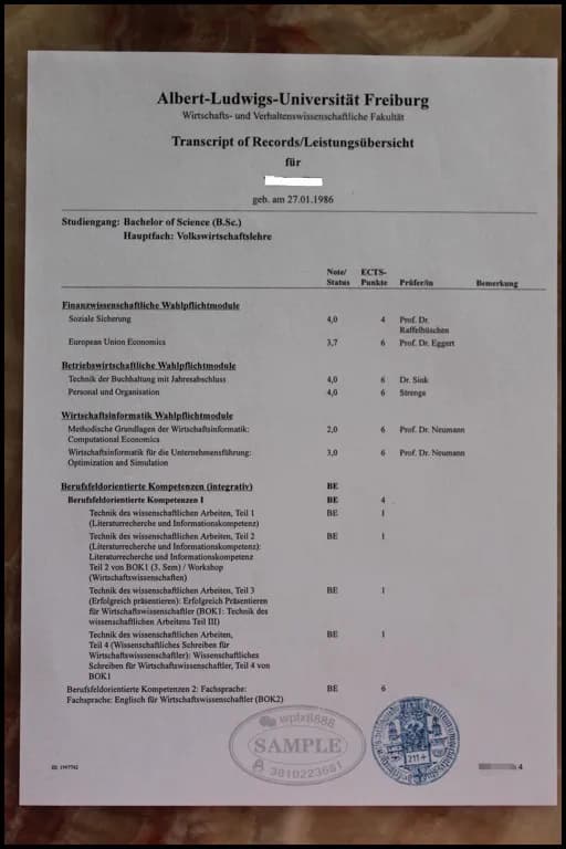 德国弗赖堡大学经济学理学学士成绩单样本参考 德国弗赖堡大学经济学理学学士成绩单样本参考