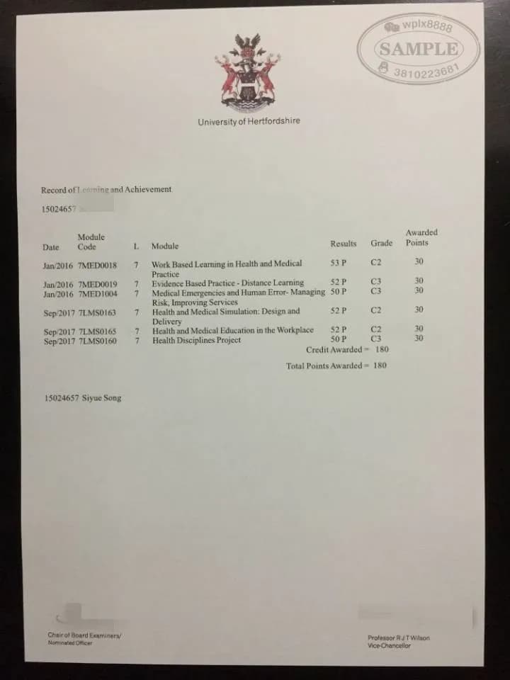 英国赫特福德大学医学专业成绩单样本 英国赫特福德大学医学专业成绩单样本