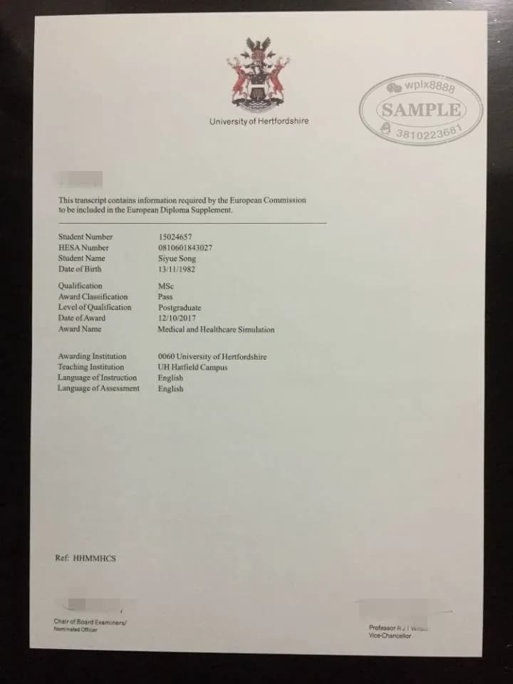 英国赫特福德大学硕士成绩单及学位补充证明参考 英国赫特福德大学硕士成绩单及学位补充证明参考