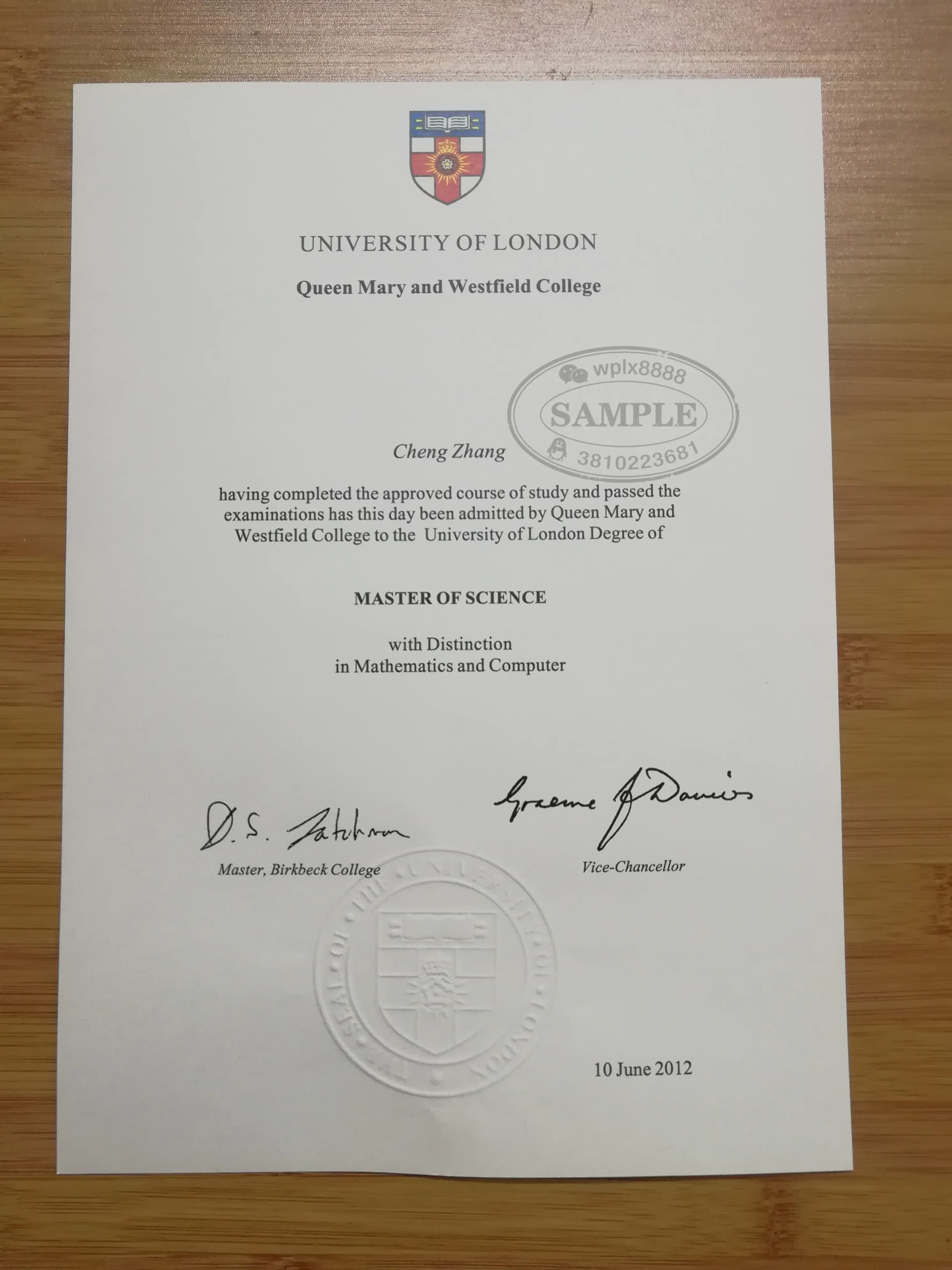 英国伦敦大学玛丽女王学院硕士毕业证样本 英国伦敦大学玛丽女王学院硕士毕业证样本