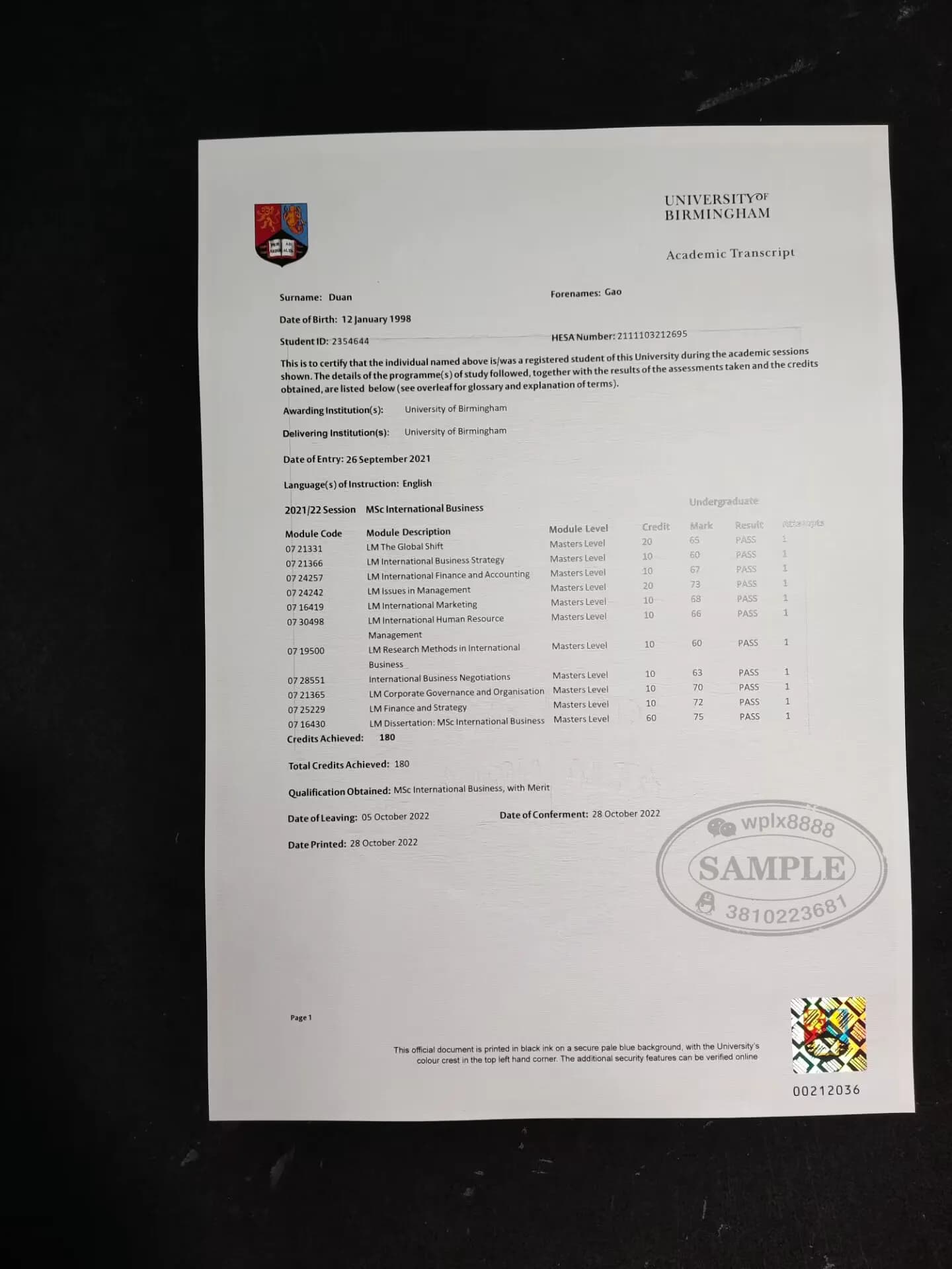 英国伯明翰大学国际商务硕士成绩单样板 英国伯明翰大学国际商务硕士成绩单样板