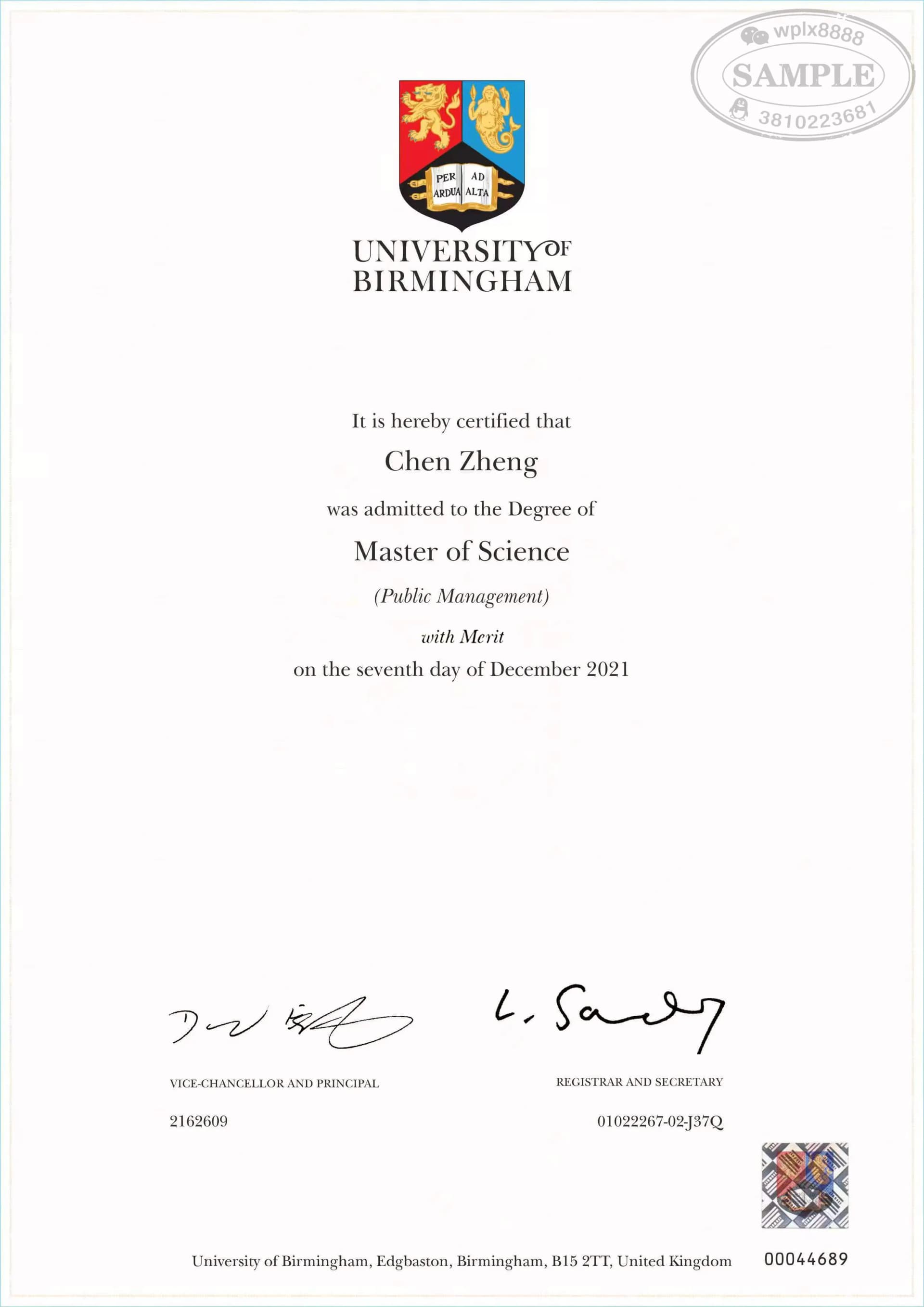 英国伯明翰大学公共管理理学硕士学位证书案例 英国伯明翰大学公共管理理学硕士学位证书案例