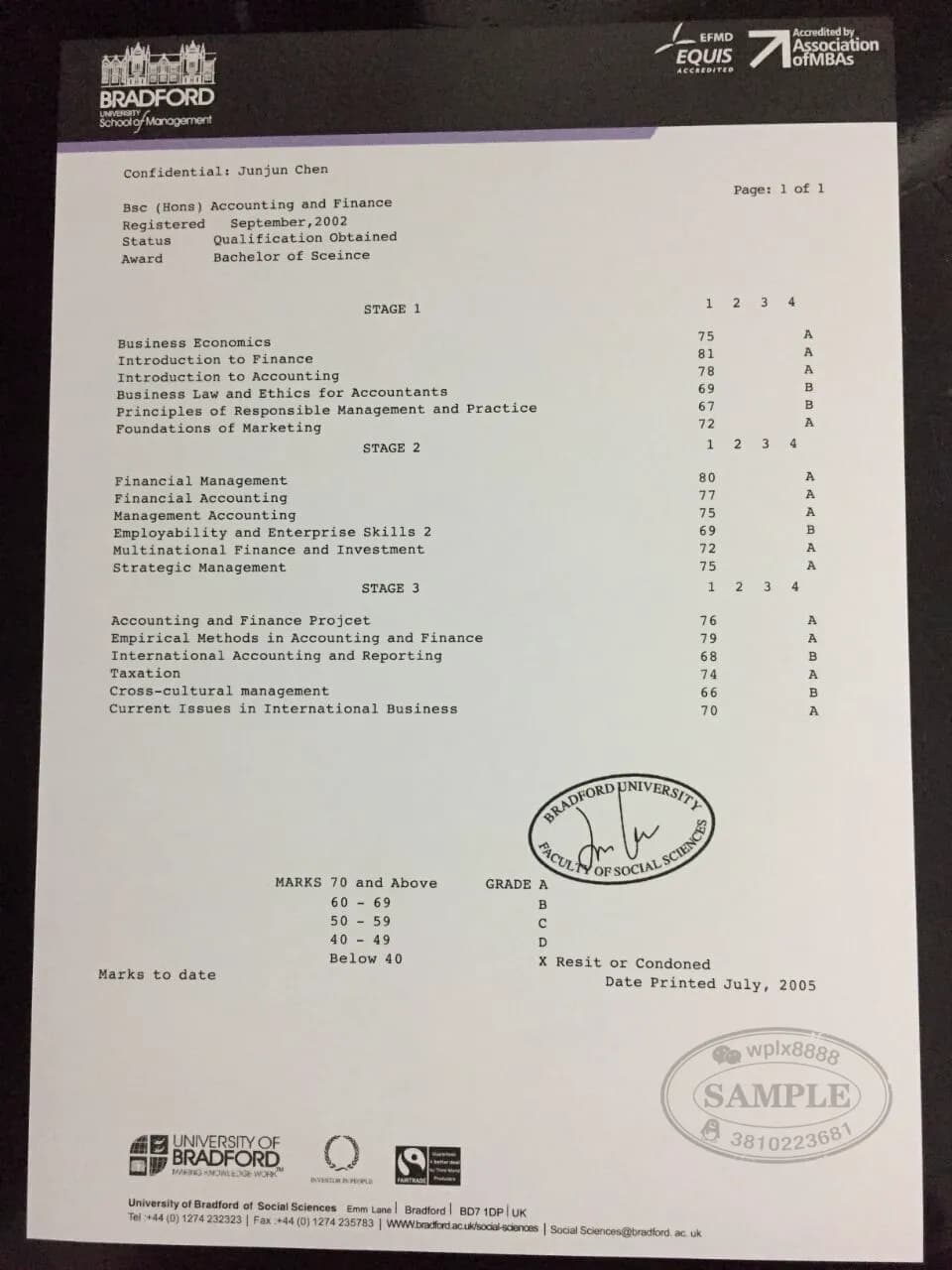 英国布莱德福德大学会计与金融专业官方成绩单样式 英国布莱德福德大学会计与金融专业官方成绩单样式
