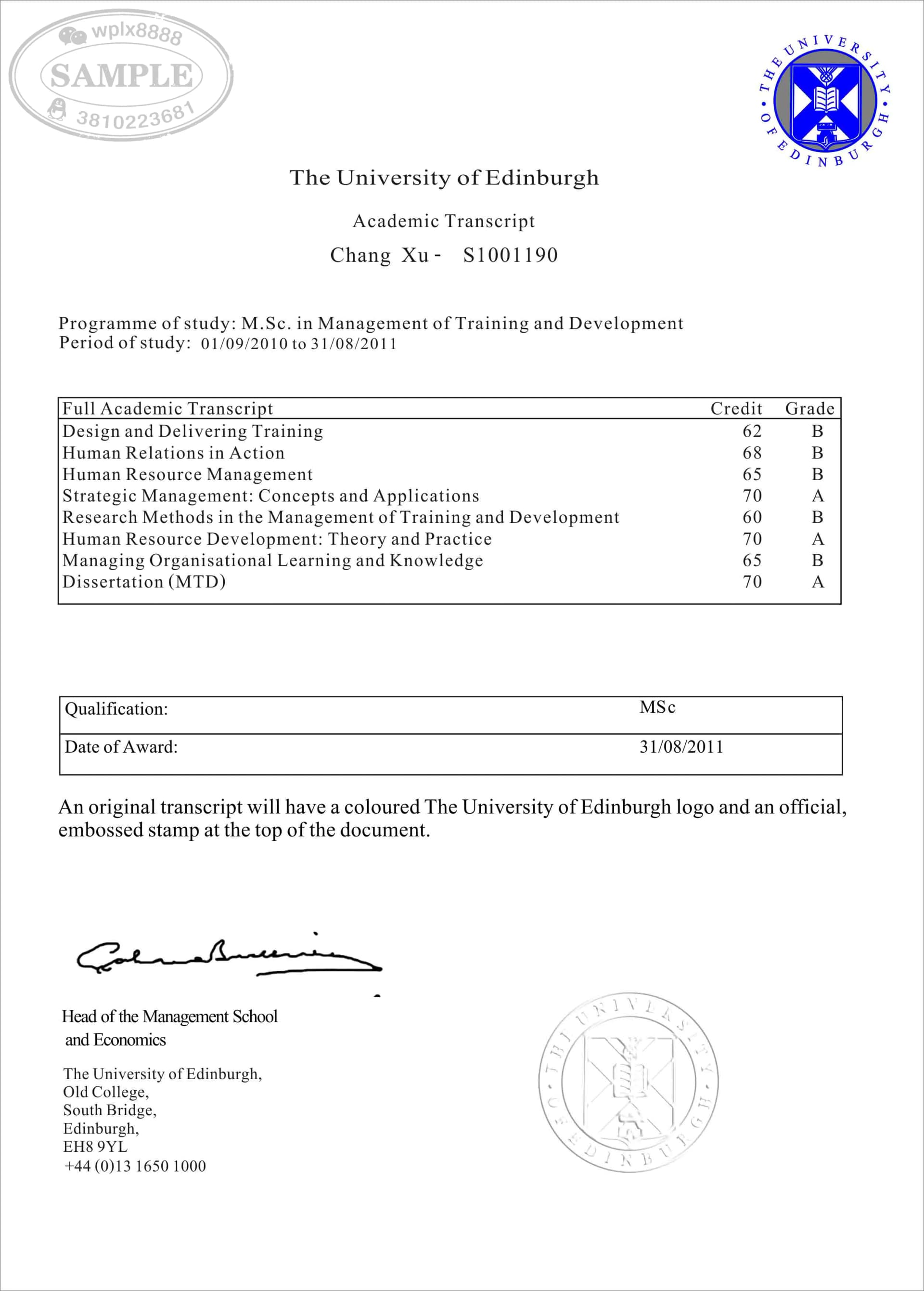 英国爱丁堡大学硕士成绩单样板案例 英国爱丁堡大学硕士成绩单样板案例