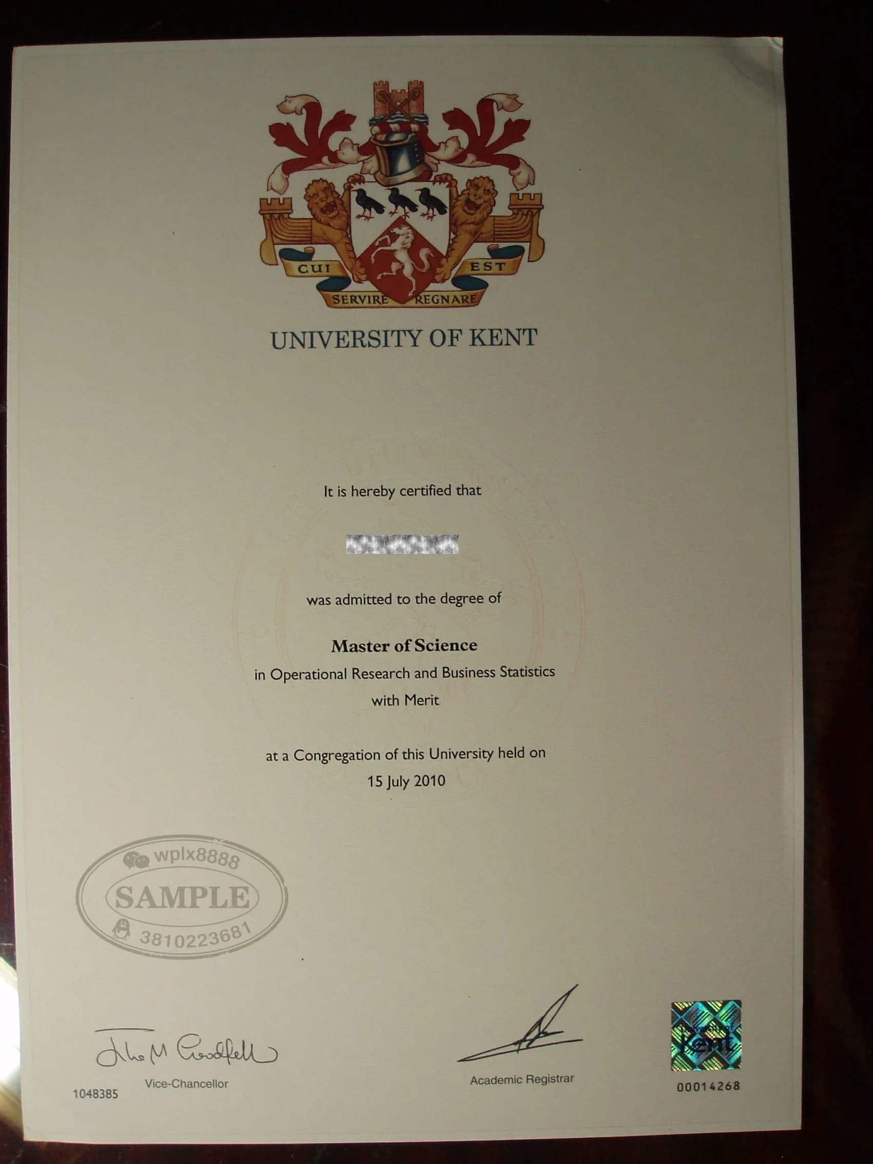 英国肯特大学理学硕士学位证书原版样本 英国肯特大学理学硕士学位证书原版样本