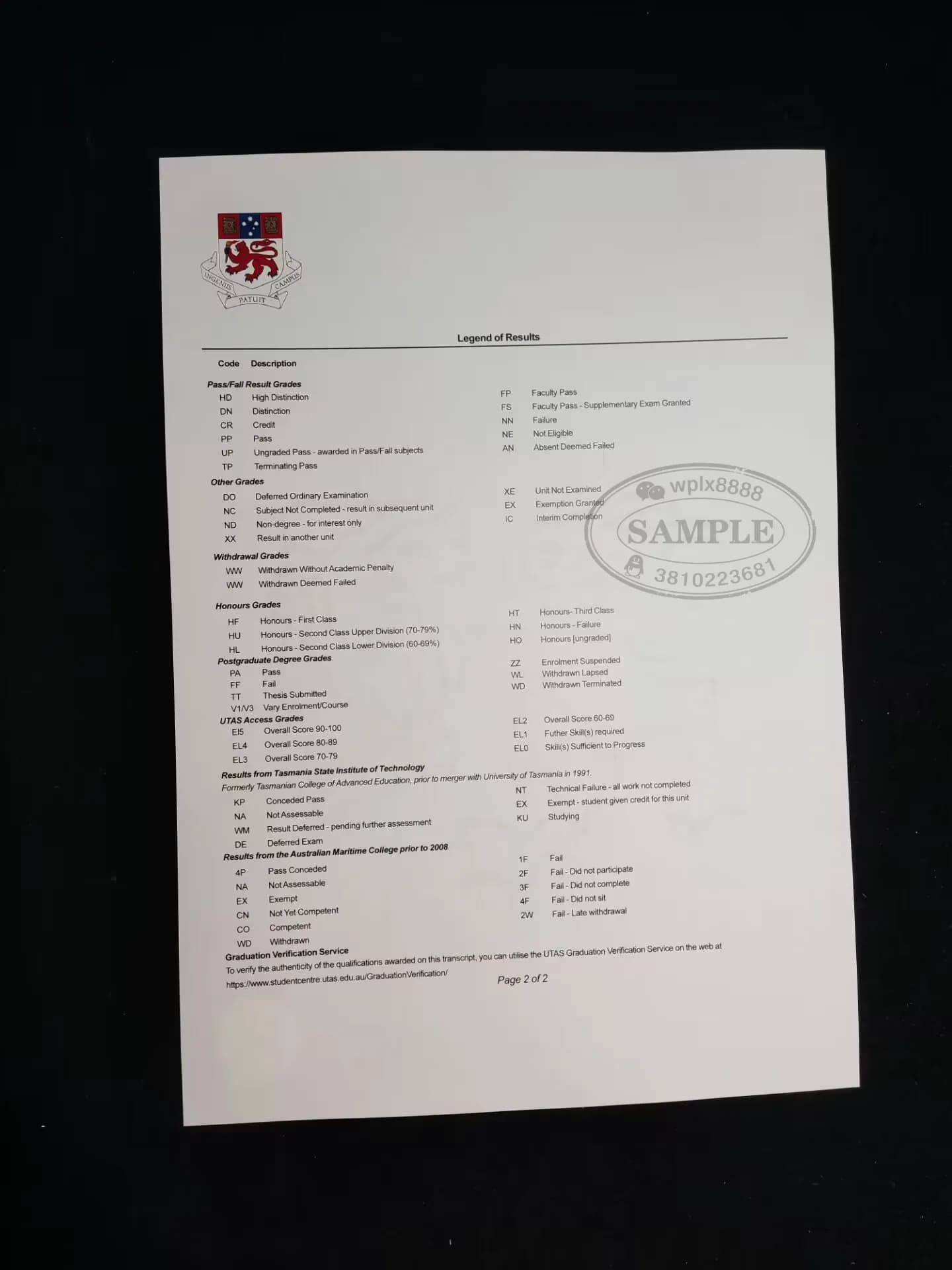澳洲塔斯马尼亚大学成绩单原件样本及评分等级解析 澳洲塔斯马尼亚大学成绩单原件样本及评分等级解析