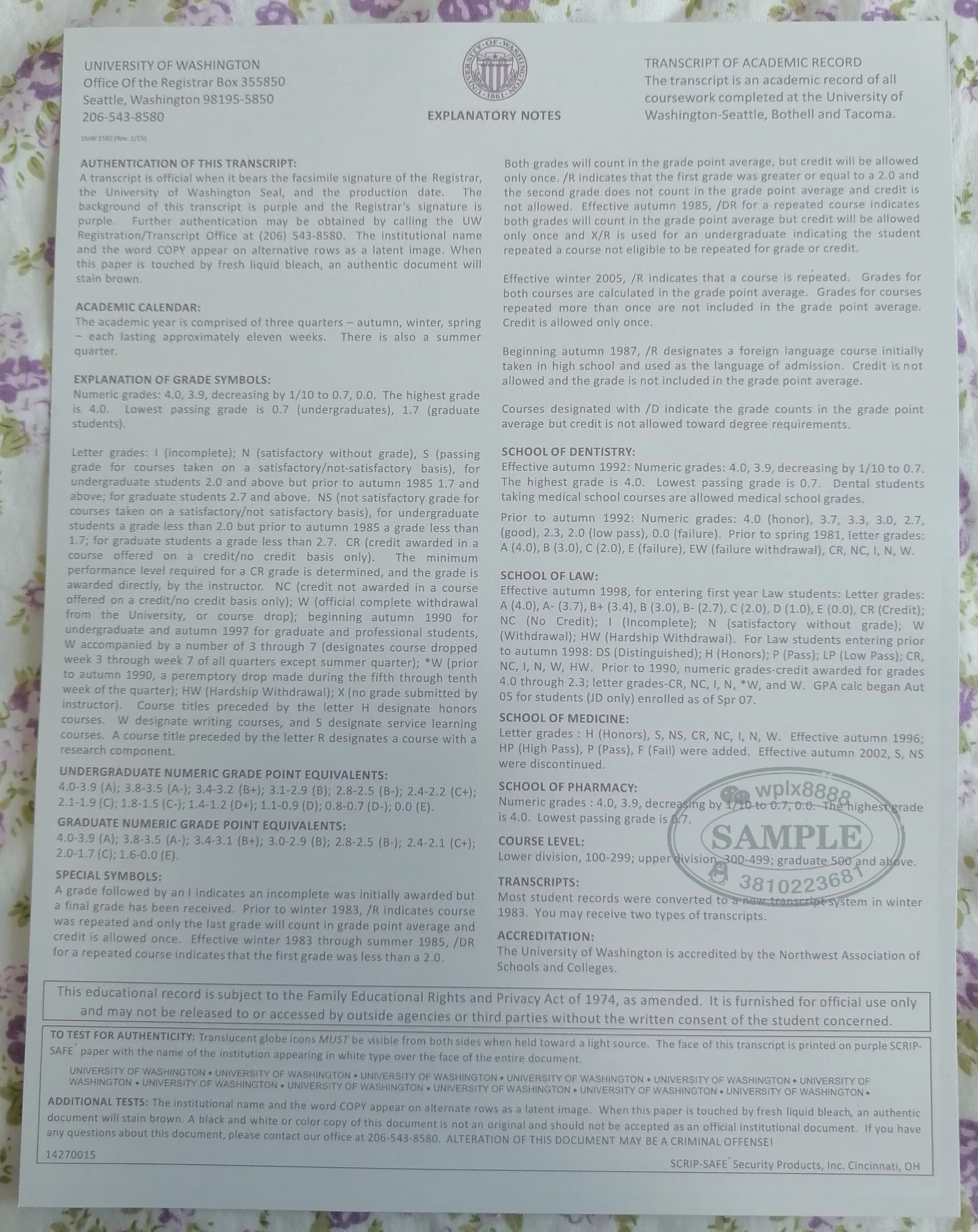 华盛顿大学成绩单背面评分标准与官方认证说明 华盛顿大学成绩单背面评分标准与官方认证说明