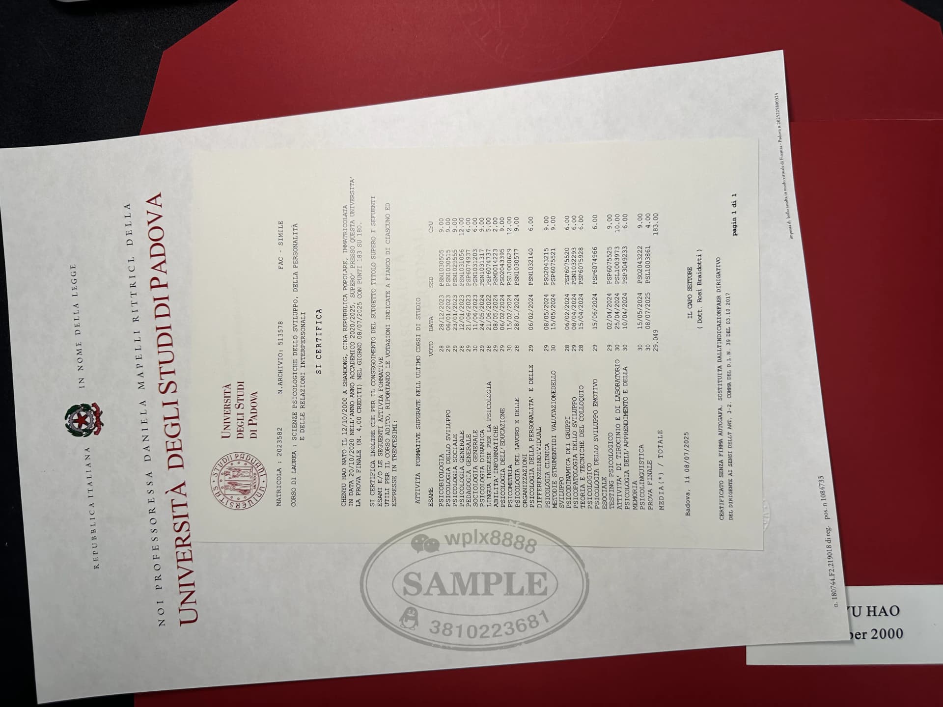 意大利帕多瓦大学心理学专业成绩单学历认证案例 意大利帕多瓦大学心理学专业成绩单学历认证案例