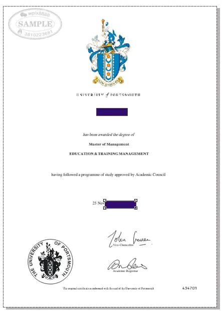 英国朴茨茅斯大学管理学硕士学位证书样板 英国朴茨茅斯大学管理学硕士学位证书样板