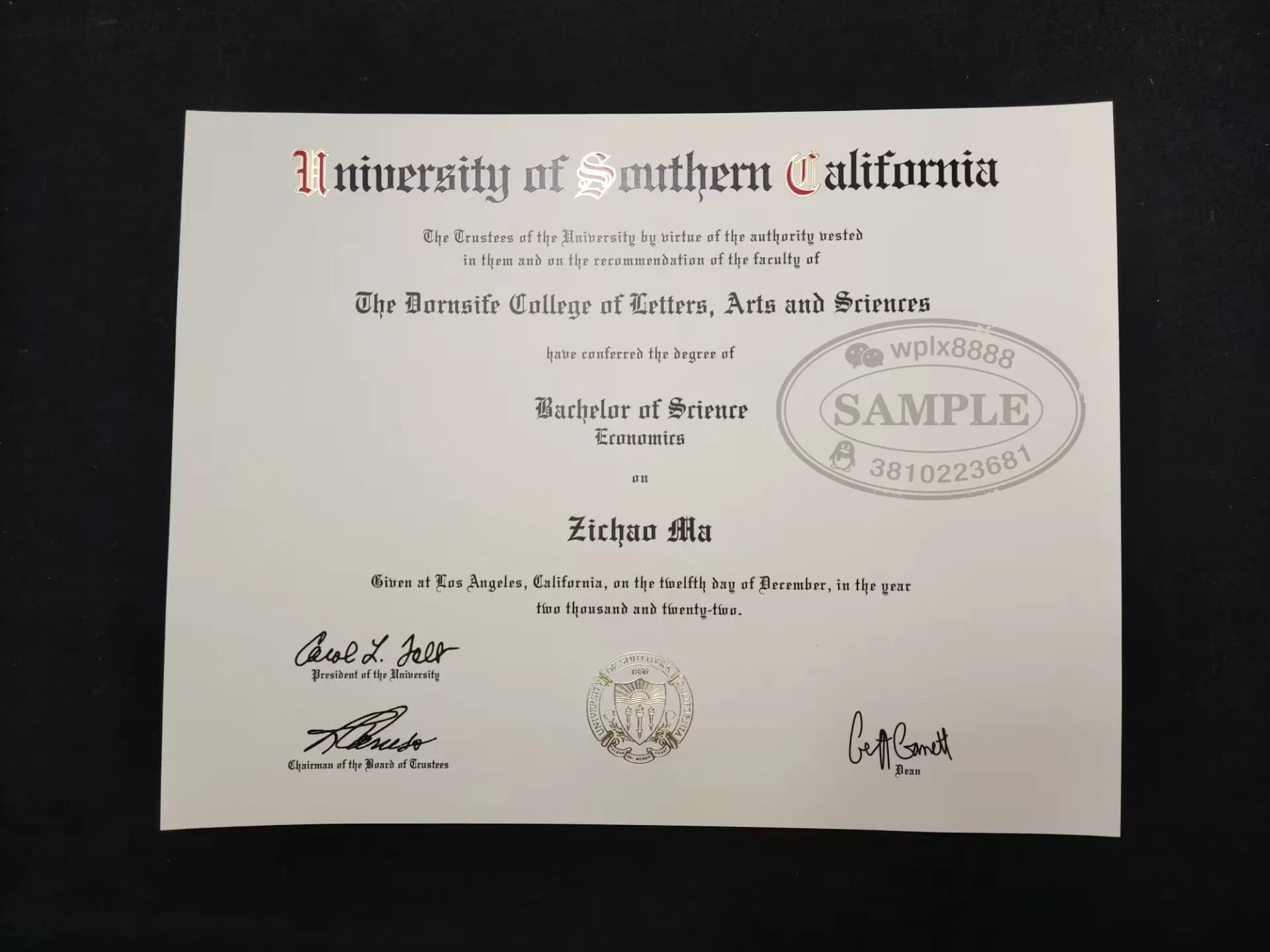 美国南加州大学USC毕业证案例:经济学理学学士学位 美国南加州大学USC毕业证案例:经济学理学学士学位