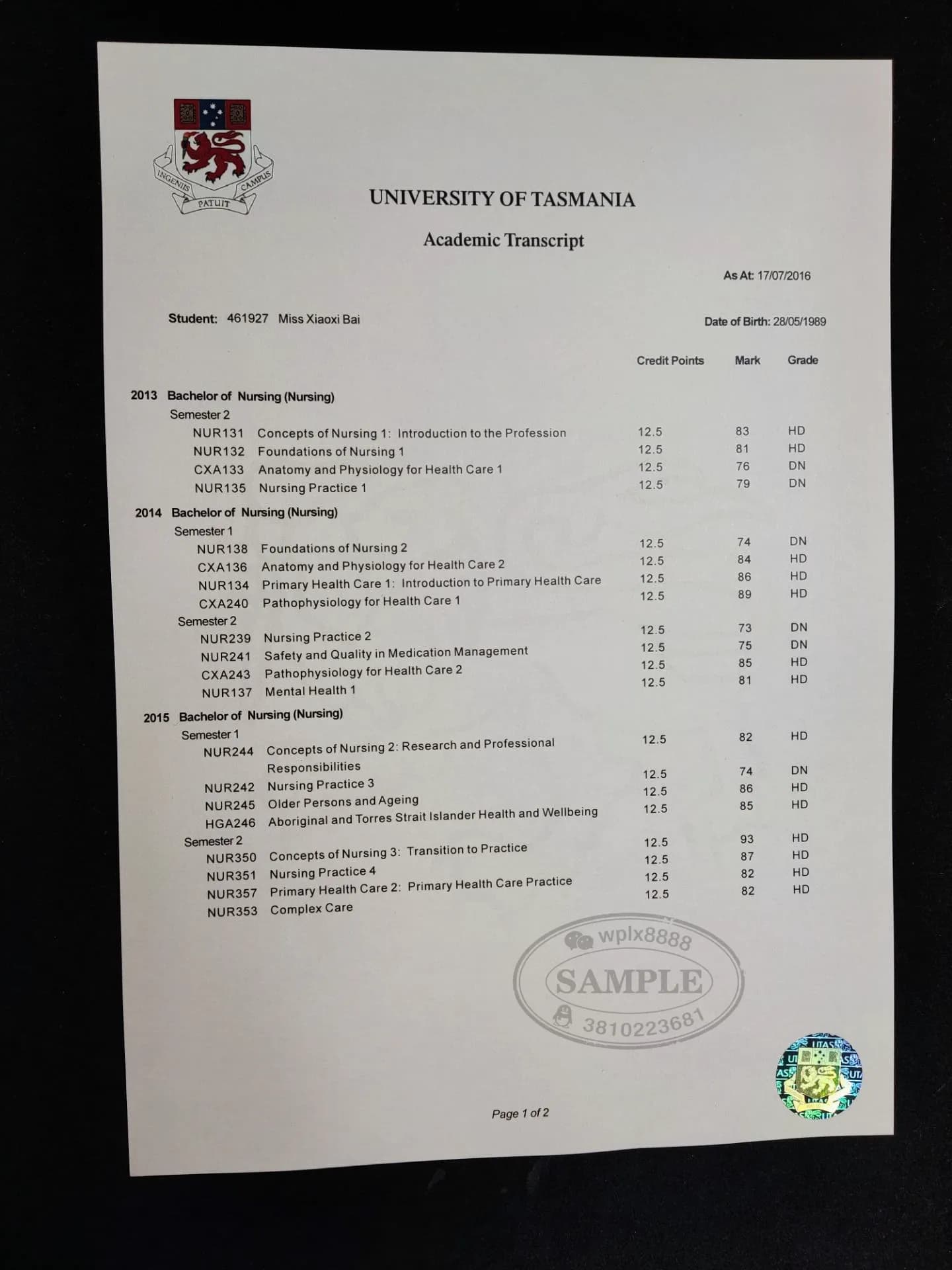 澳洲塔斯马尼亚大学护理学成绩单案例样本 澳洲塔斯马尼亚大学护理学成绩单案例样本