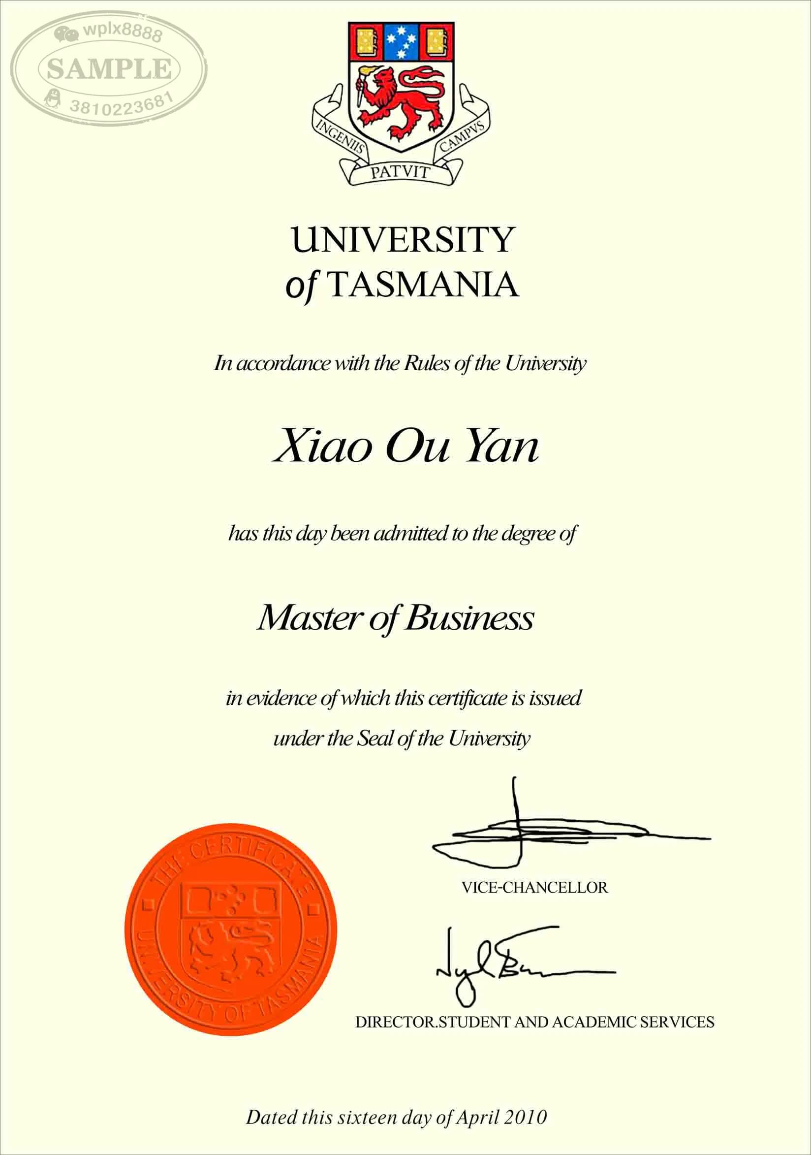 澳洲塔斯马尼亚大学商学硕士学位证毕业证样本 澳洲塔斯马尼亚大学商学硕士学位证毕业证样本
