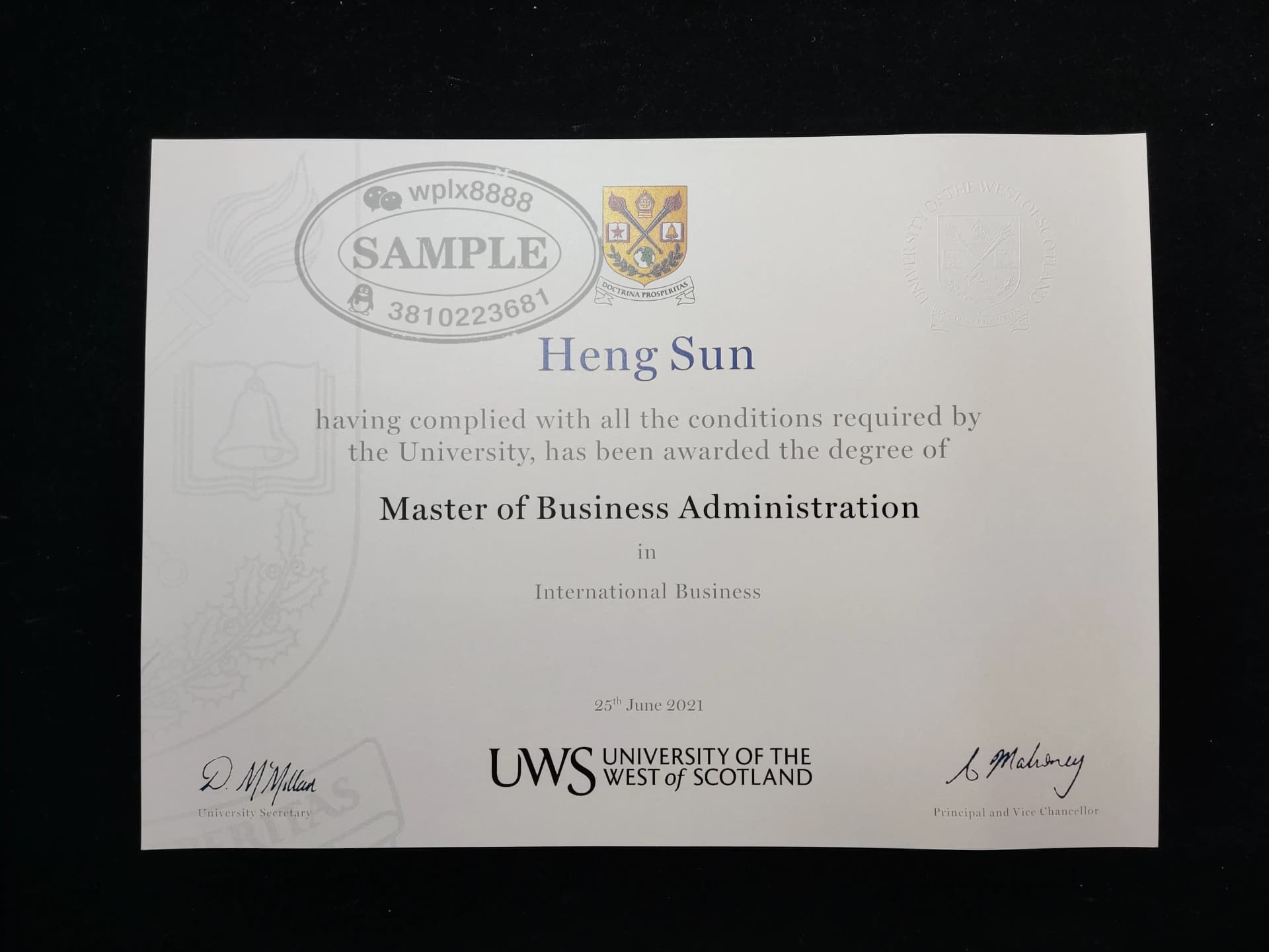 英国西苏格兰大学工商管理硕士MBA毕业证案例 英国西苏格兰大学工商管理硕士MBA毕业证案例