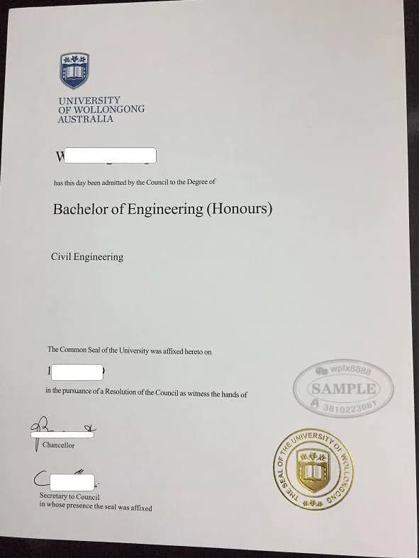 澳洲卧龙岗大学工程学荣誉学士学位证书样本 澳洲卧龙岗大学工程学荣誉学士学位证书样本