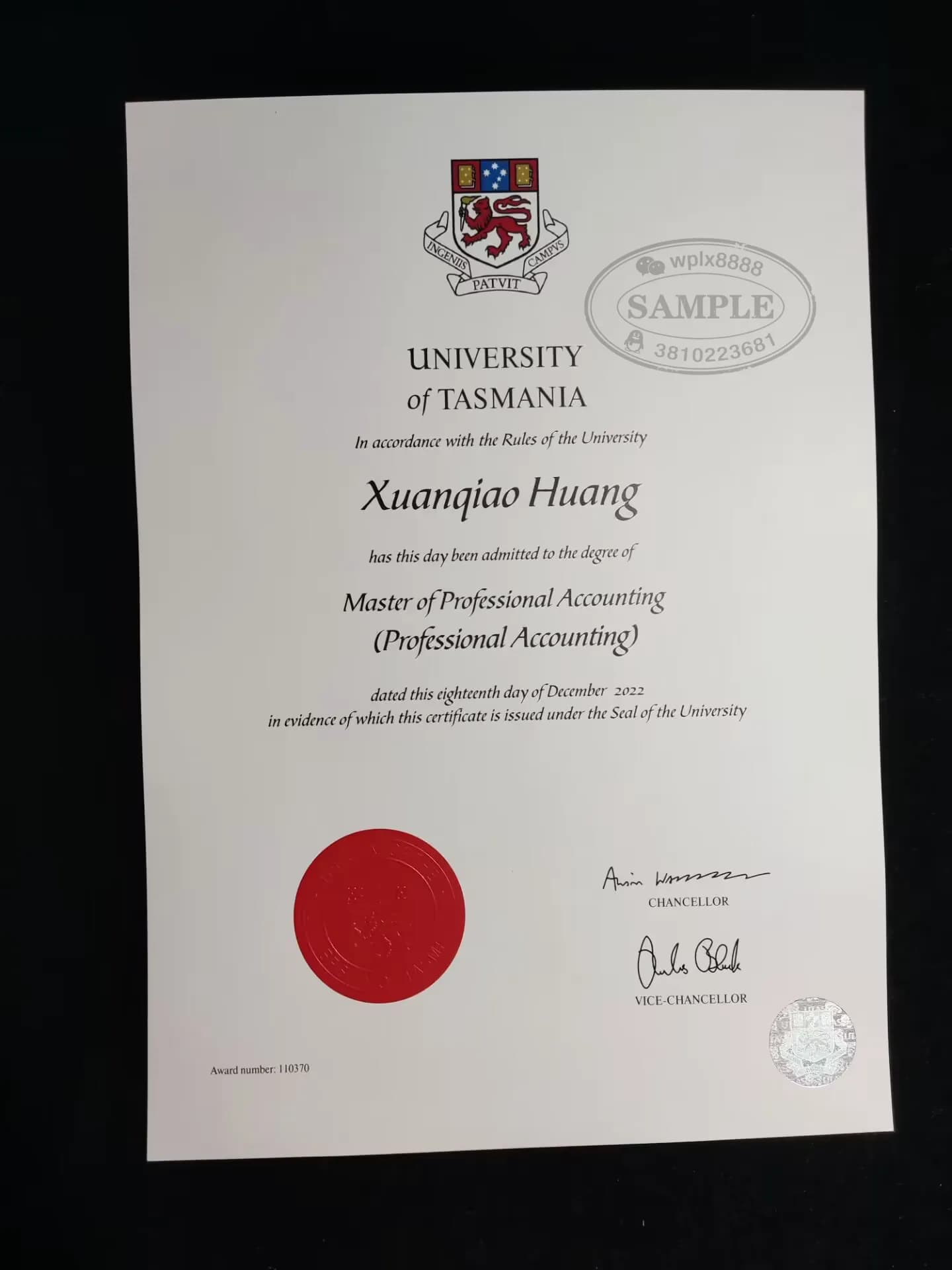 澳大利亚塔斯马尼亚大学会计硕士毕业证样本参考 澳大利亚塔斯马尼亚大学会计硕士毕业证样本参考