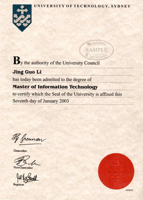 澳大利亚悉尼科技大学UTS硕士学位证书原件样本 澳大利亚悉尼科技大学UTS硕士学位证书原件样本