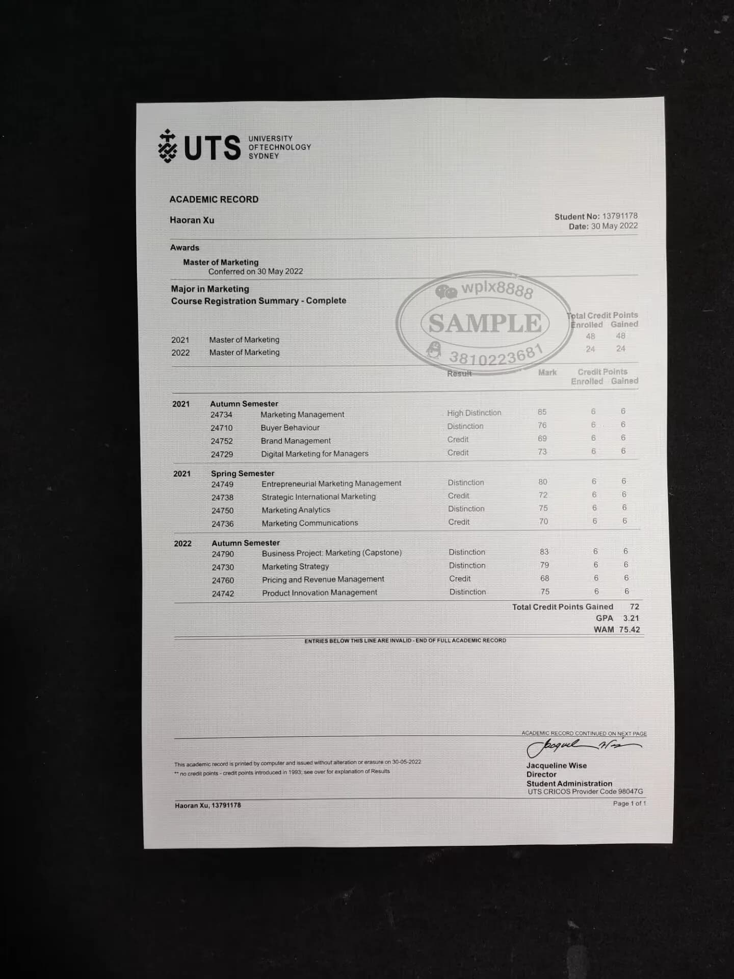 澳大利亚悉尼科技大学市场营销硕士成绩单样本 澳大利亚悉尼科技大学市场营销硕士成绩单样本