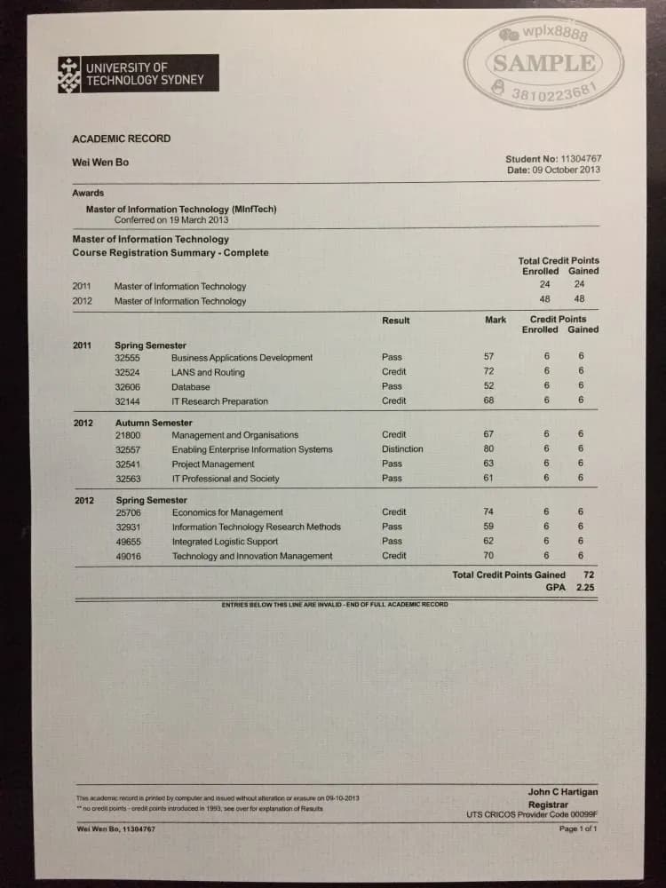 悉尼科技大学UTS硕士学位成绩单样本及学历认证参考 悉尼科技大学UTS硕士学位成绩单样本及学历认证参考