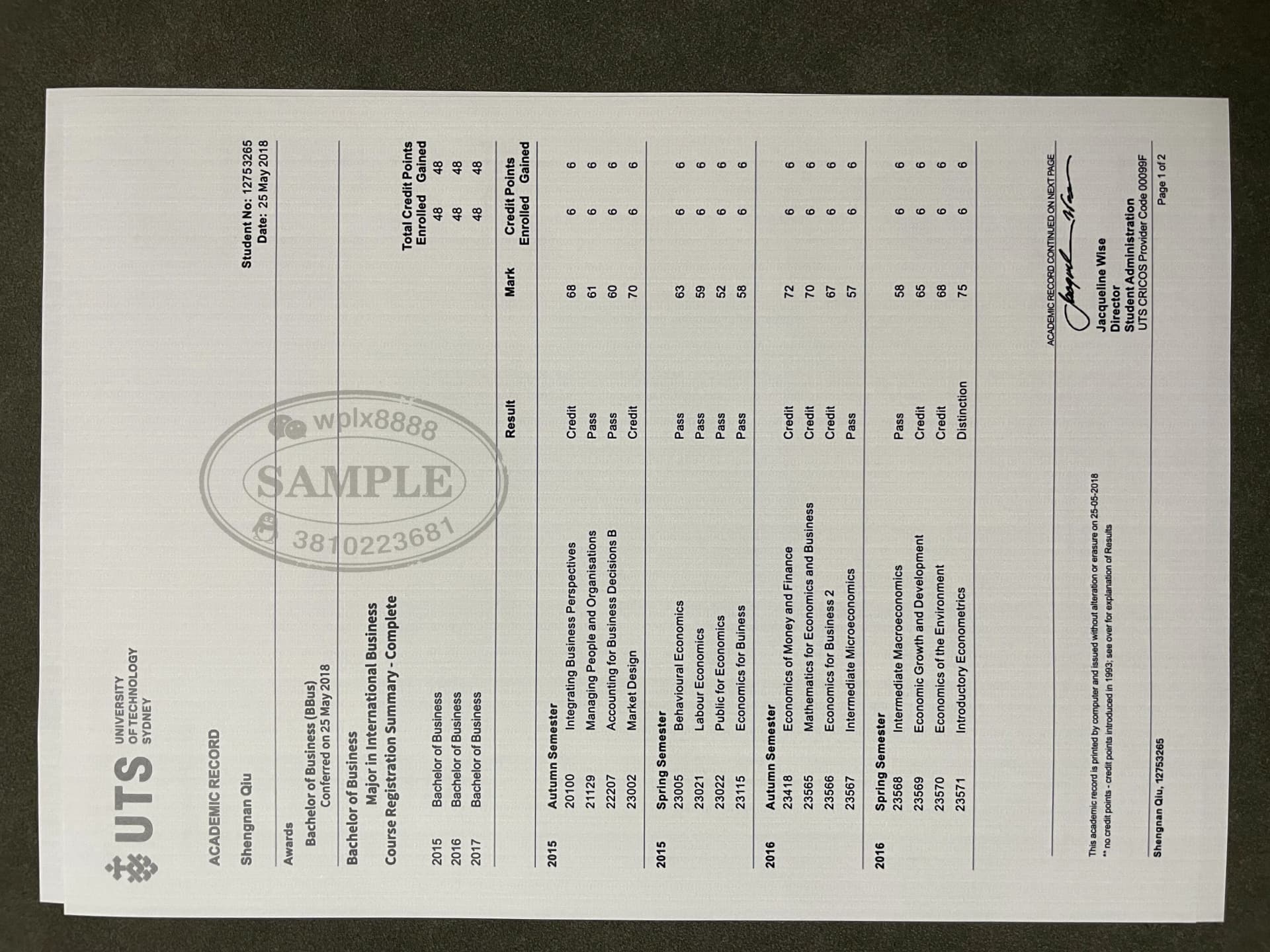 悉尼科技大学UTS商科成绩单样本及留学学历认证参考 悉尼科技大学UTS商科成绩单样本及留学学历认证参考